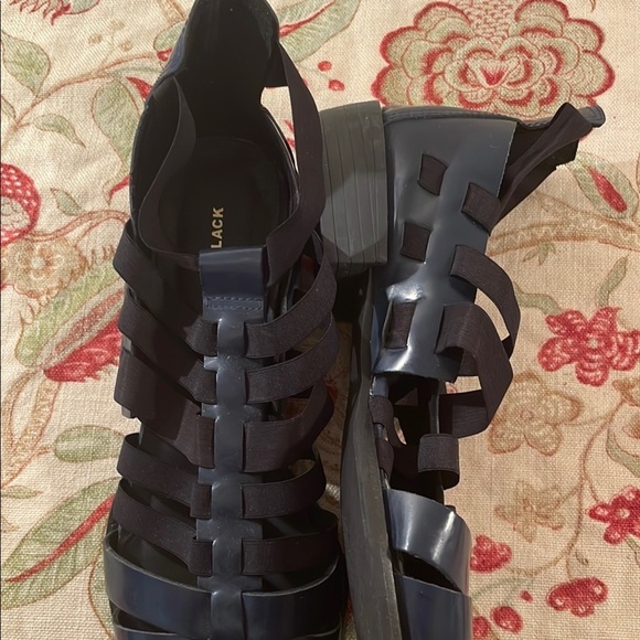 All Black Navy Blue Black Nylon Gladiator Straps Heeled Slip On Shoes - Picture 9 of 11